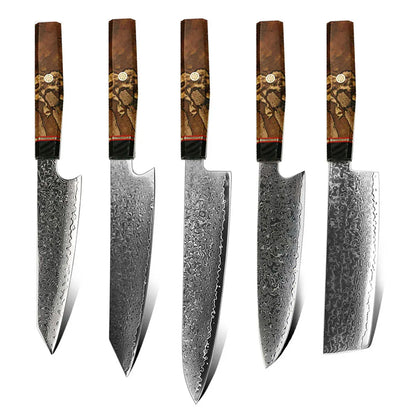 High Quality 67 Layers Damascus VG 10 Steel Kitchen Knife Set with Premium Resin Burl Wood Handle Kiritsuke Knife