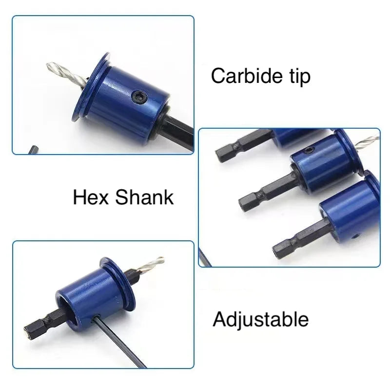 Blue Hex TCT Countersink Drill With Stopper Alloy Head Conical Step Drill With Screw Mounted Woodworking Drilling Bit