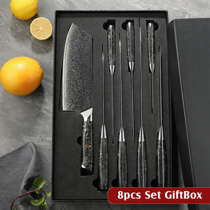 Amber Professional Carbon Fiber Handle 67layers VG10 Damascus Steel Bread Paring Boning Butcher Cleaver Knife Set with Sharpener