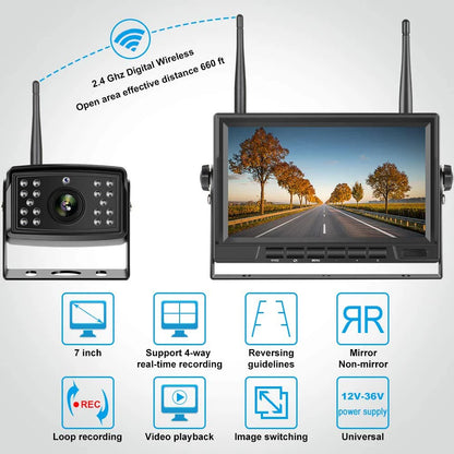 IPoster Digital Wireless Backup Camera Kit IP69 Waterproof Rear View Camera and 7in Split/Quad Screen with DVR