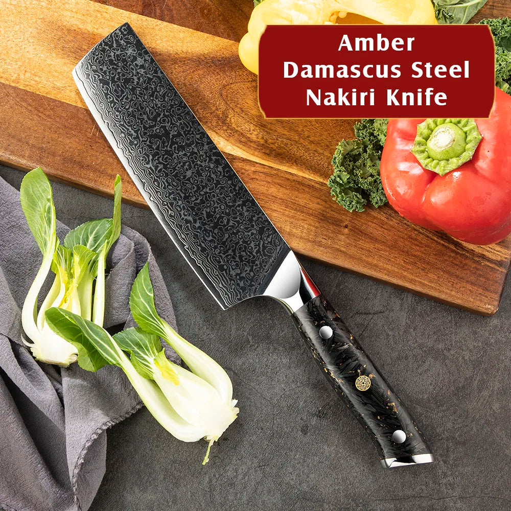 Amber Professional 7 Inch Nakiri Usuba Knife Japanese Damascus Vegetable Cutter Chef Knife