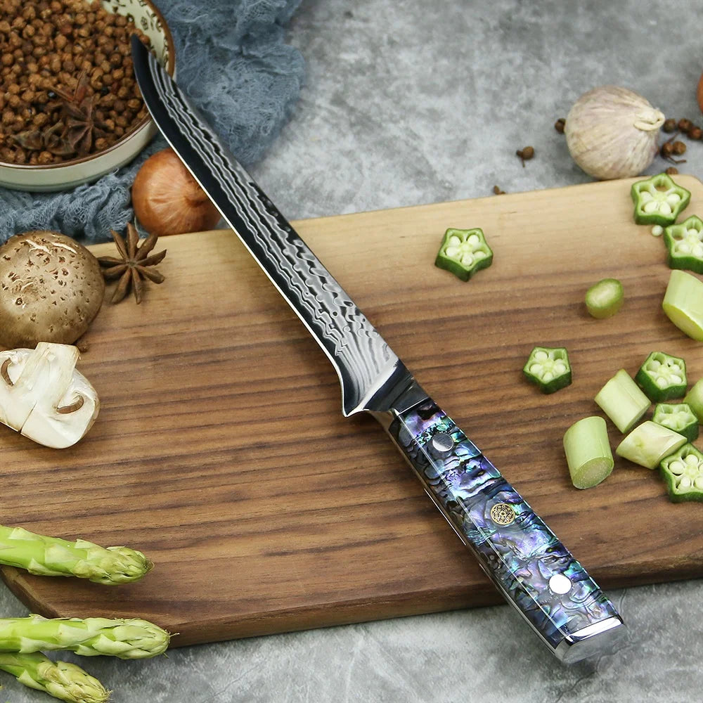 Yangjiang Amber 7 Inch Damascus 45 Layers ultra sharp Boning Fish Knife with Abalone Handle