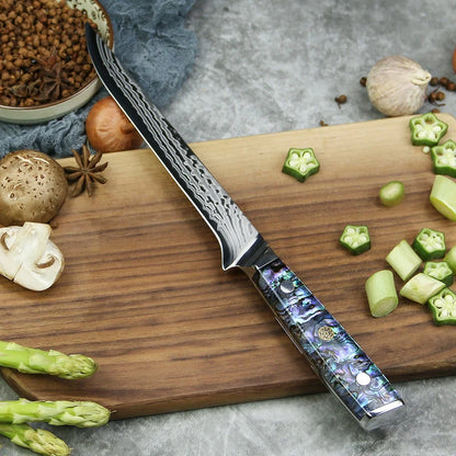 Yangjiang Amber 7 Inch Damascus 45 Layers ultra sharp Boning Fish Knife with Abalone Handle