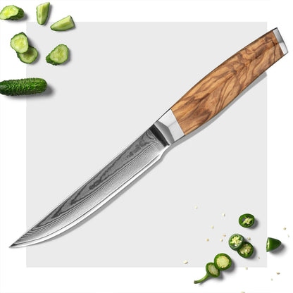 Amber Olive Wood Handle 6inch Professional Kitchen Knife Set Damascus Knife Set Steak Knife Set with Box