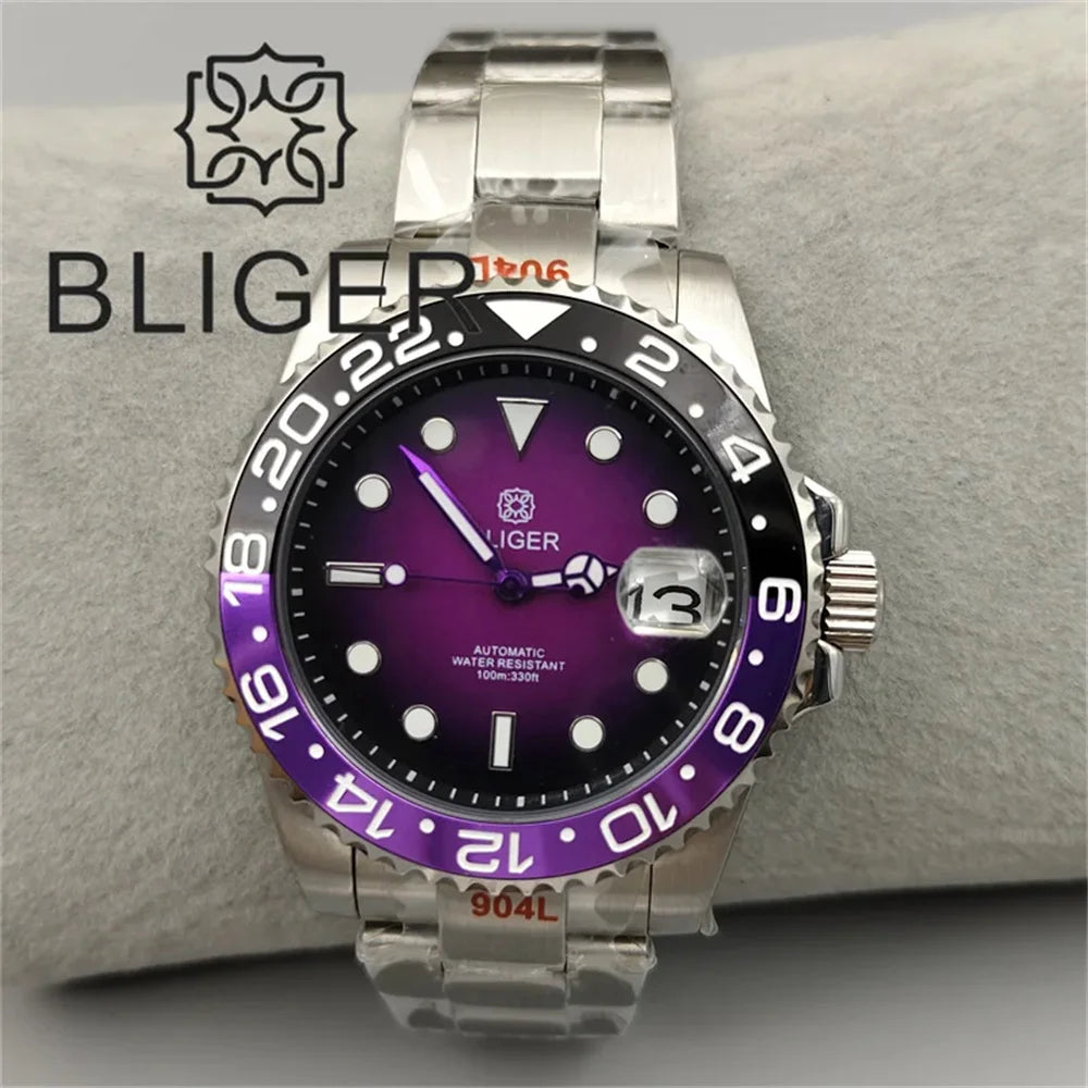 BLIGER 40mm Dive Watch for Men Black Purple Bezel Green Luminous Sapphire Glass Black Chapter Glow Black Purple Dial Waterproof