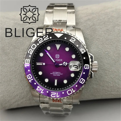 BLIGER 40mm Dive Watch for Men Black Purple Bezel Green Luminous Sapphire Glass Black Chapter Glow Black Purple Dial Waterproof