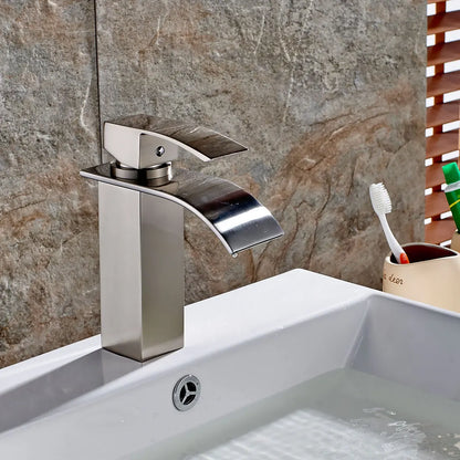 Modern Bathroom Single Handle Basin Mixer Brushed Aluminum Sink Waterfall Single Hole New Contemporary Ceramic Bath Room