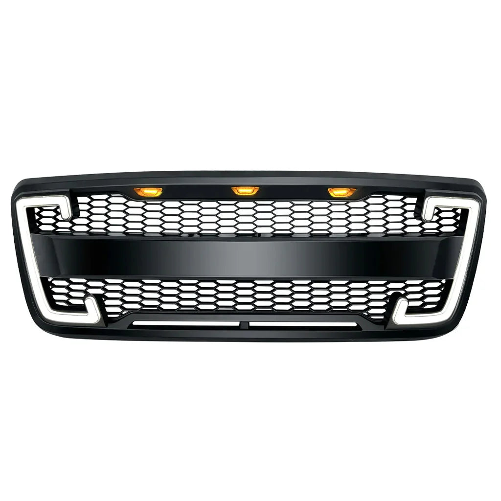 US Stock Raptor Style Mesh Grille W/DRL & Turn Signal Lights for 2004-2008 Ford F150 - Matte Black