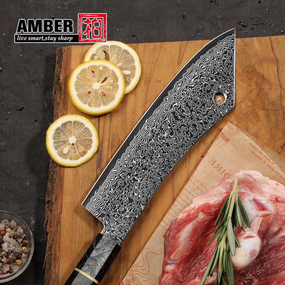 Amber Manufacturer Carbon Fiber Handle 67 Layers Vg10 Japanese Damascus Butcher Chef Kitchen Knife for Japanese