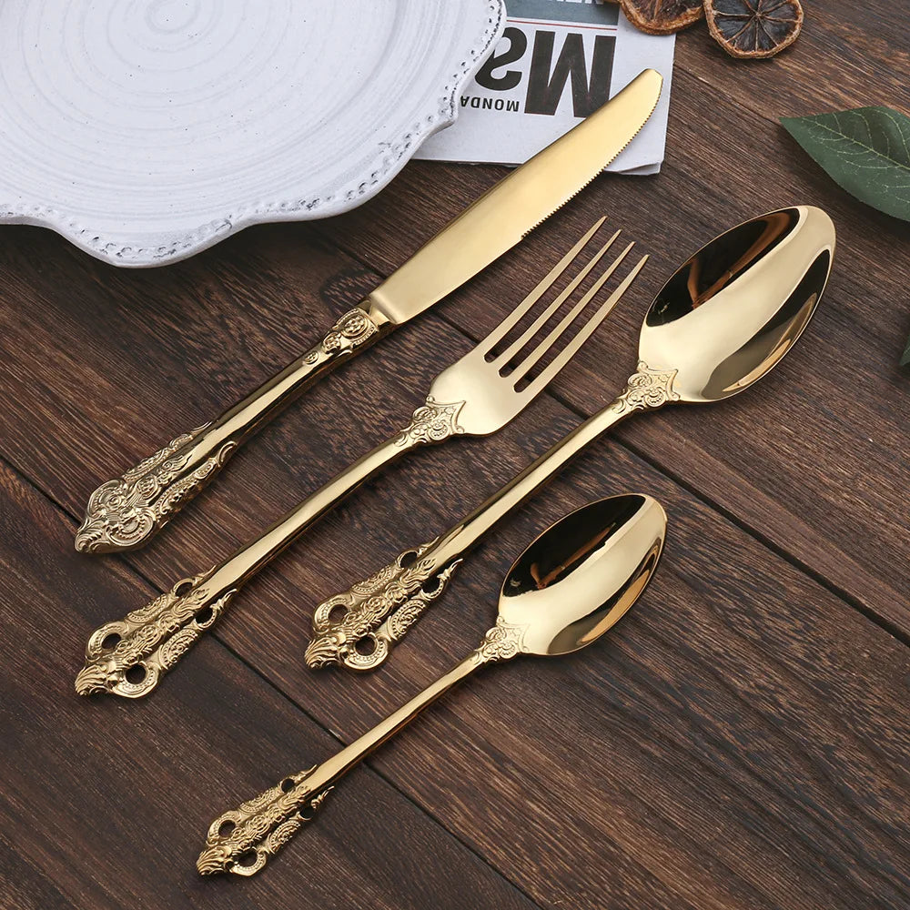 24pcs Gold 18/8 Luxury Tableware Stainless Steel Mirror Polish Luxury Cutlery Set