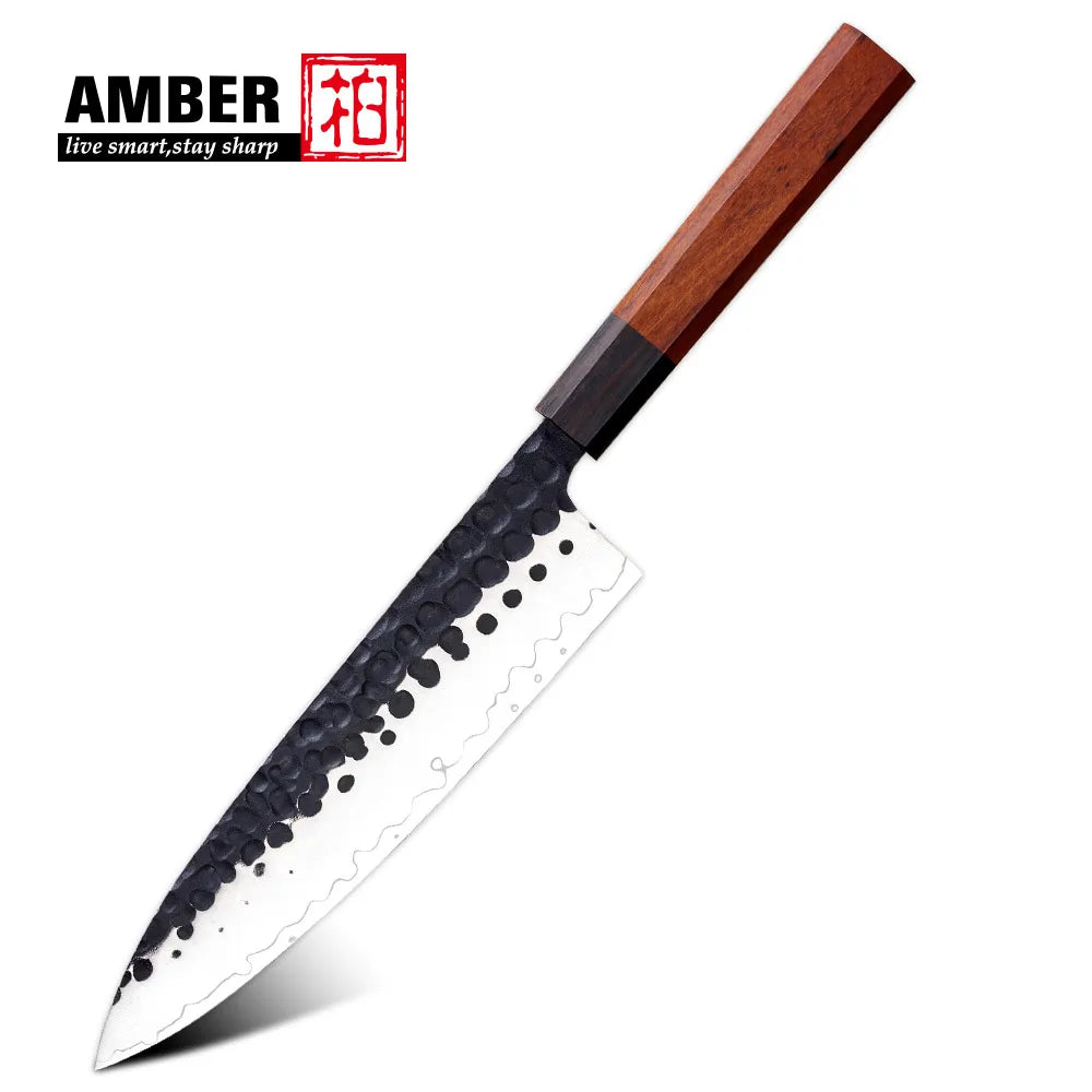 Custom logo 8 Pcs Black Blade Wooden Handle Meat Fruit Carving Chef Knife Set High Carbon Stainless Steel Knife Set for Kitchen