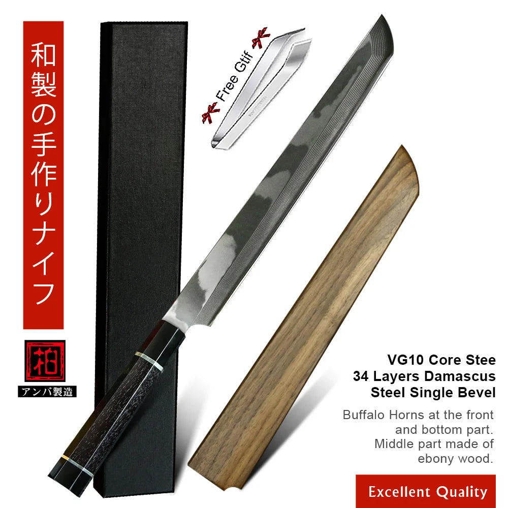 Super Quality Single Bevel VG10 Damascus Steel Fish Fillet Sashimi Sushi Knife with Buffalo Horn Wood Handle