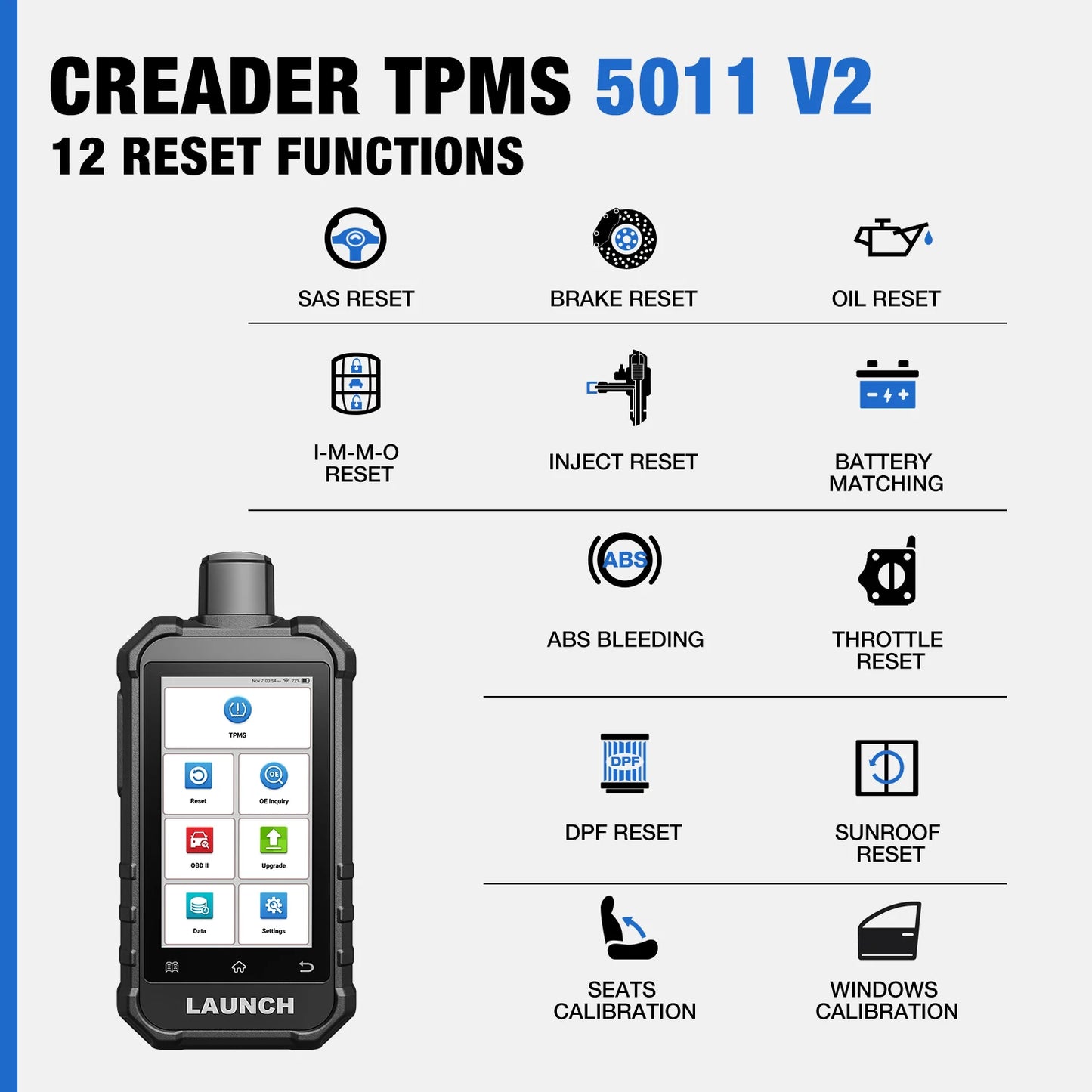 2025 LAUNCH X431 Creader 5011 V2 TPMS Tool TPMS Sensor (315+433MHz) Read/Activate/Relearn/Reset Scanner Tool Lifetime Free