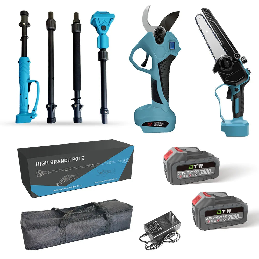 DTWA1-0022+A2-0047 Garden Cordless Extension Pole Chainsaw High Pruning Shears Electric Telescopic Pole Scissors Pruners