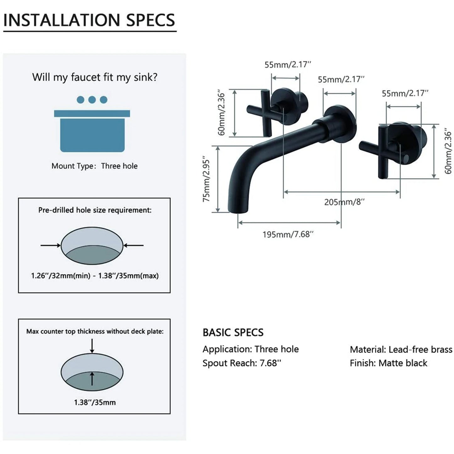 Modern 3 Hole Wall Mounted Hot Cold Water Tap Matt Black Finish Brass 2 Handle In-wall Wash Basin Mixer