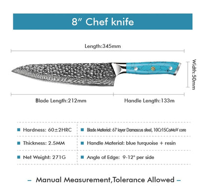 Amber Custom 8 Inch Hammered VG10 Damascus Steel Chef Knife with Blue Turquoise Stone Handle
