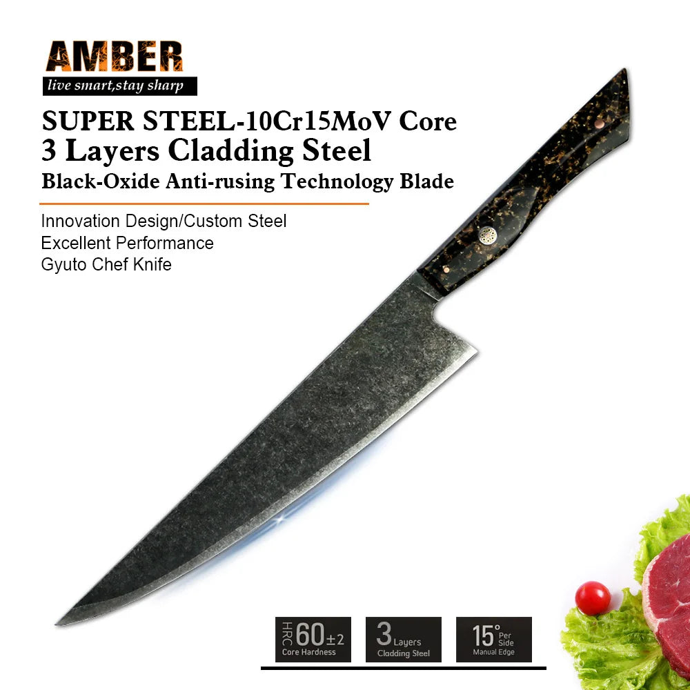 Premium Quality 3 Pcs 7 Layer Stainless Steel 10Cr15MoV Kitchen Knives Set With Full Tang with Resin Handle