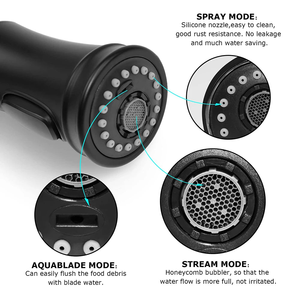 USA Stock Matte Black 3 Modes Kitchen Sink Faucet Sprayer Attachment Pull Out Spray Head Replacement for G1/2 Connector