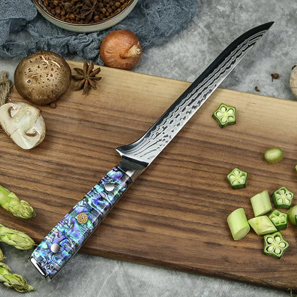Yangjiang Amber 7 Inch Damascus 45 Layers ultra sharp Boning Fish Knife with Abalone Handle