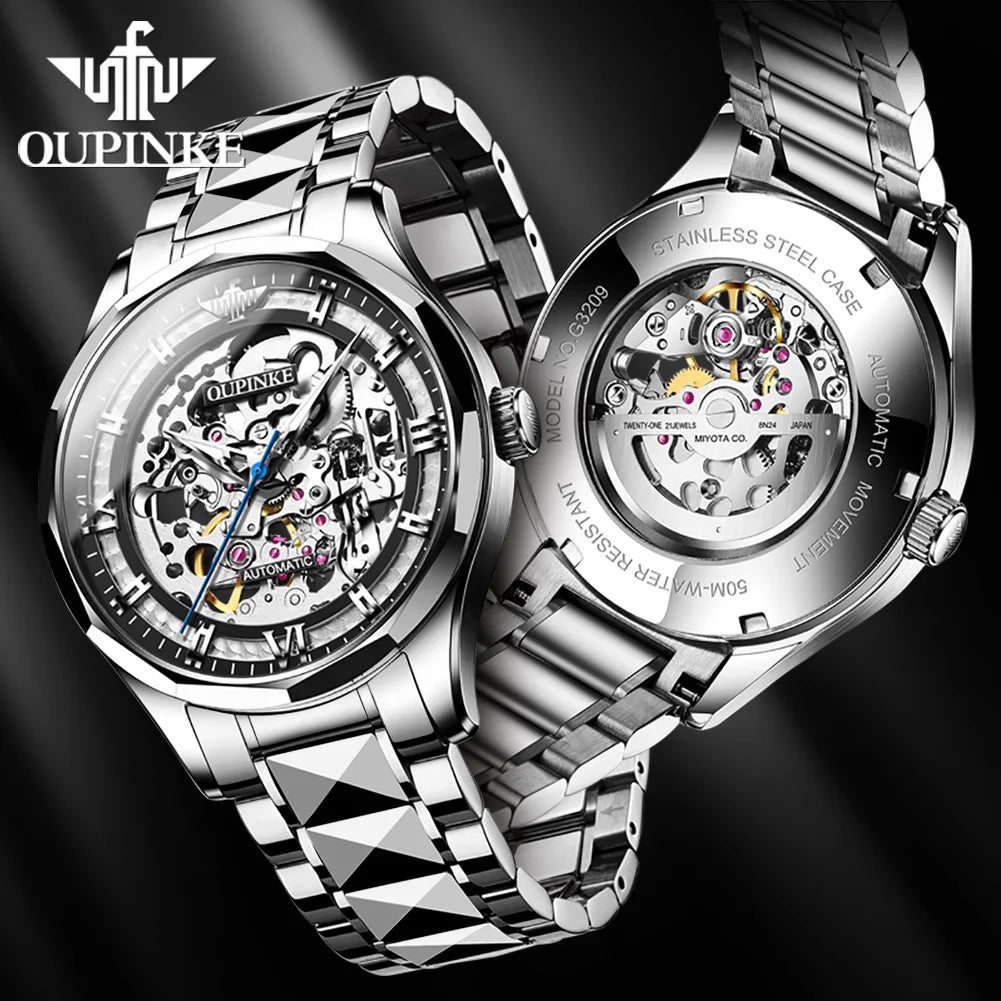 OUPINKE 3209 New Arrival Design High Quality Luxury Fashion Classic OEM Stainless Steel Mens Mechanical Skeleton Wrist Watches, Color - White