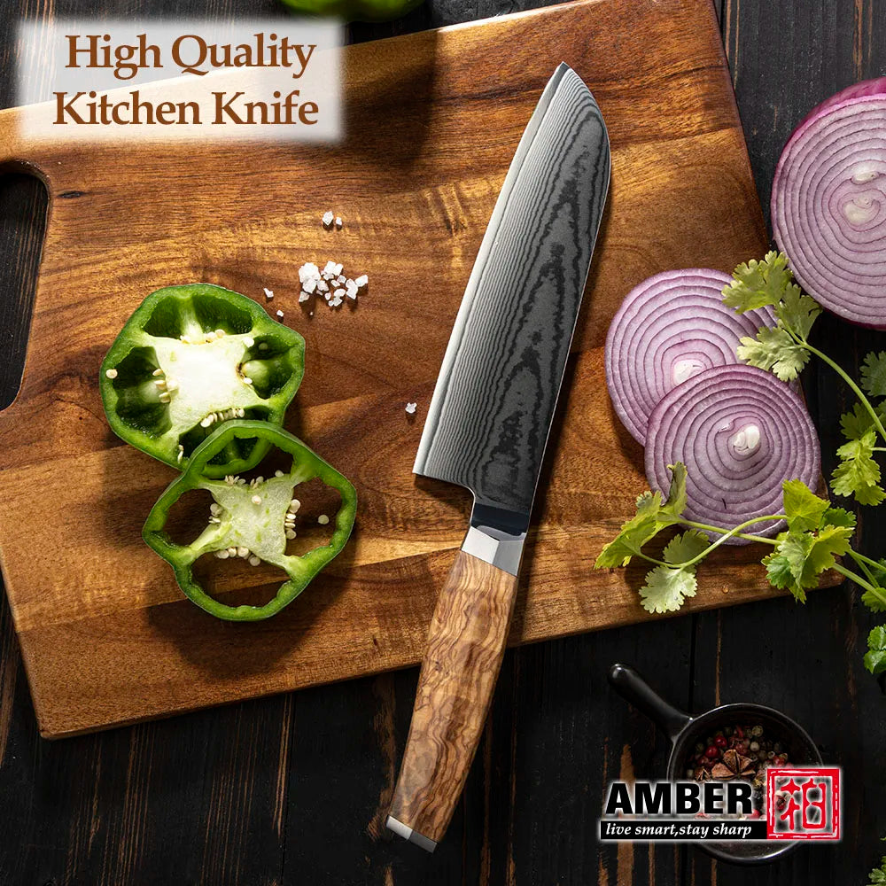 Amber Olive Wood Handle 7inch Santoku Japanese Knife Damascus Santoku Knife Chef Knife Santoku