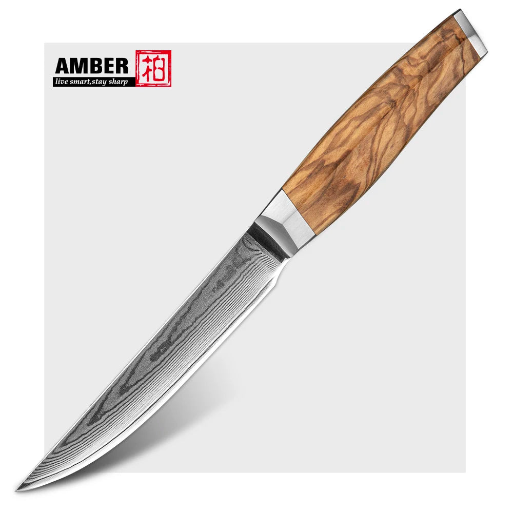 Amber Olive Wood Handle 6inch Professional Kitchen Knife Set Damascus Knife Set Steak Knife Set with Box