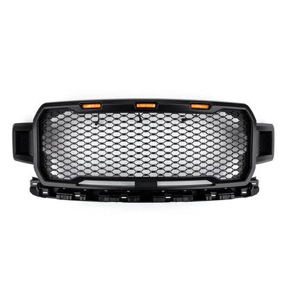 Raptor Style Black Amber LED Light Grill Grille Honeycomb for Ford F150 F-150 2018 2019 2020 With Logo