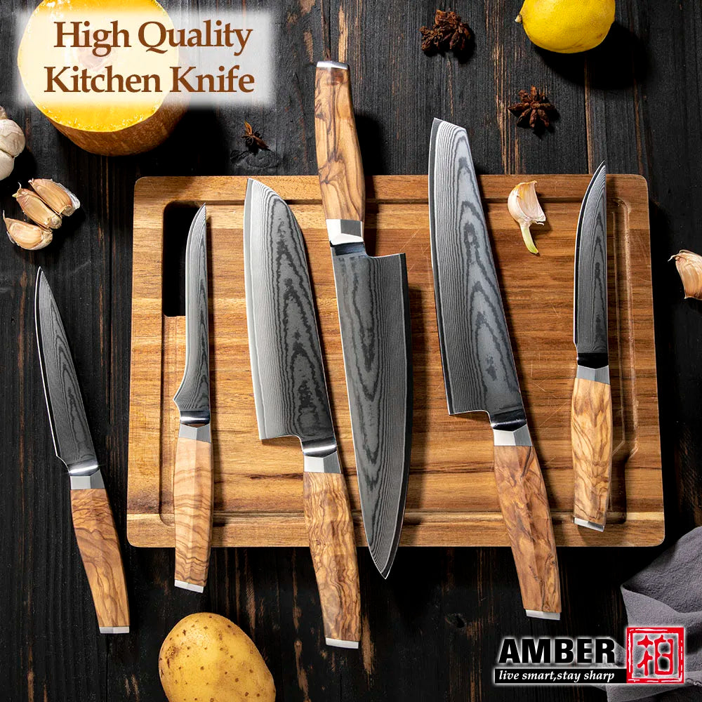 Amber Olive Wood Handle 7inch Santoku Japanese Knife Damascus Santoku Knife Chef Knife Santoku