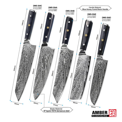 YANGJANG AMBER Premium Honey Comb Resin Handle Damascus Steel Vg10 Japanese Knife/knife Set