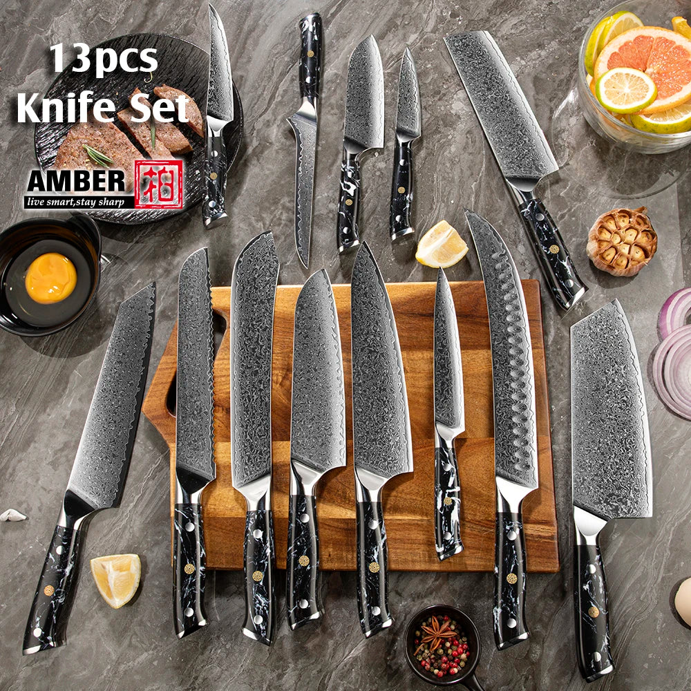 Luxury Turquoise Stone Handle Damascus Chef Knife Set Professional Chef Knife Set Japanese Chef Knife Set