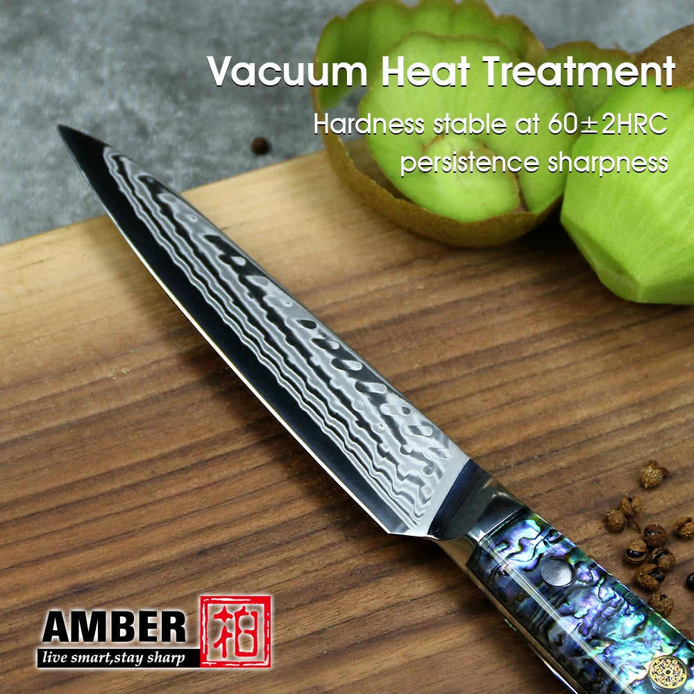 Amber 5 Inch Damascus 45 Layers Utility Knife with Abalone Handle