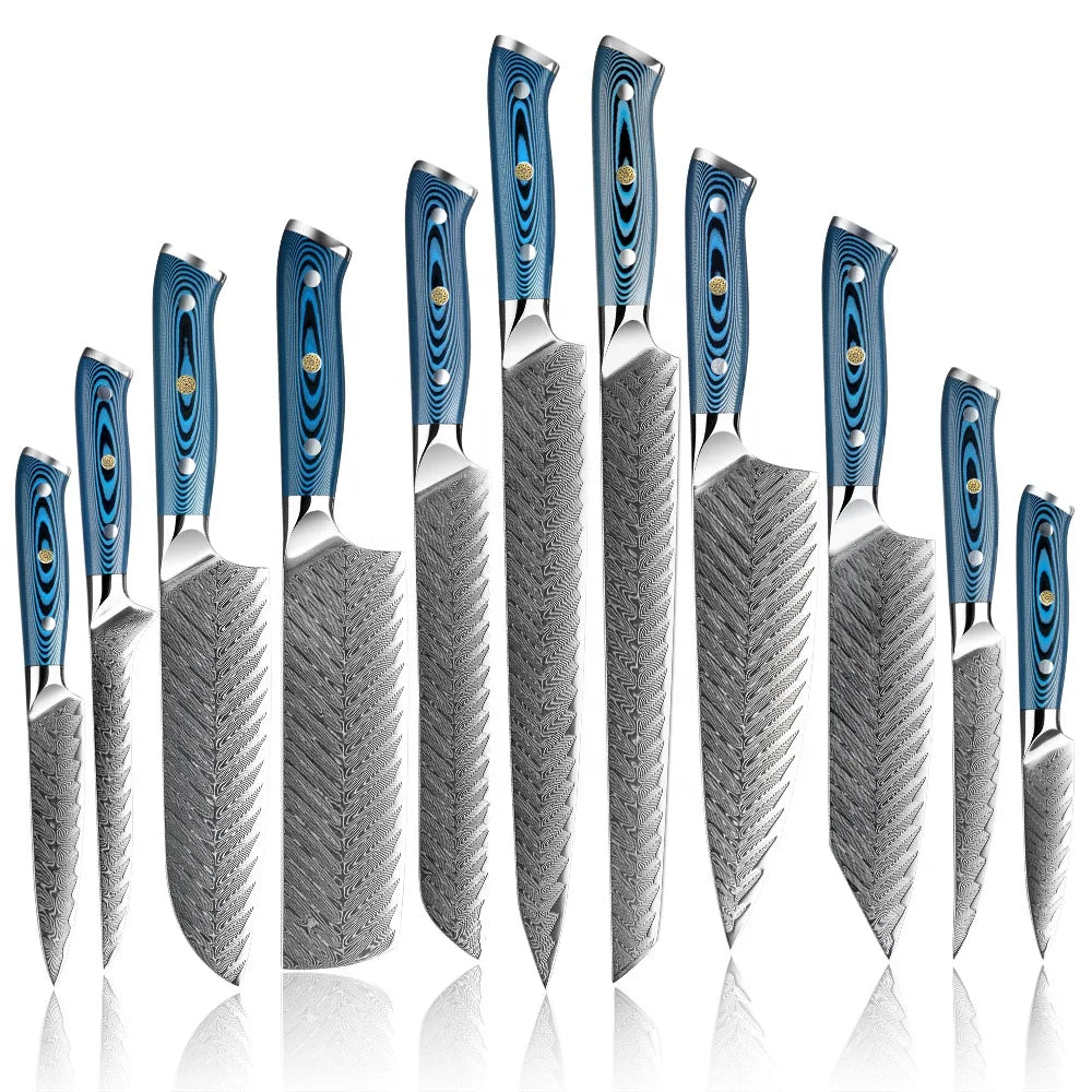 Yangjiang Amber Damascus Kitchen Knife Set with Blue Pakka Belle Wood Handle High Quality Knife Set