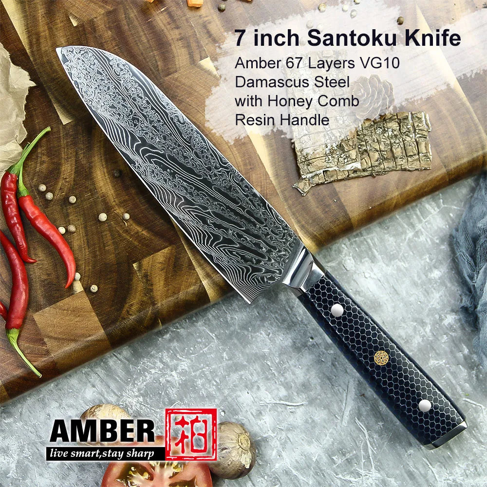 YANGJANG AMBER Premium Honey Comb Resin Handle Damascus Steel Vg10 Japanese Knife Sets, kitchen knife size - 7 Inch