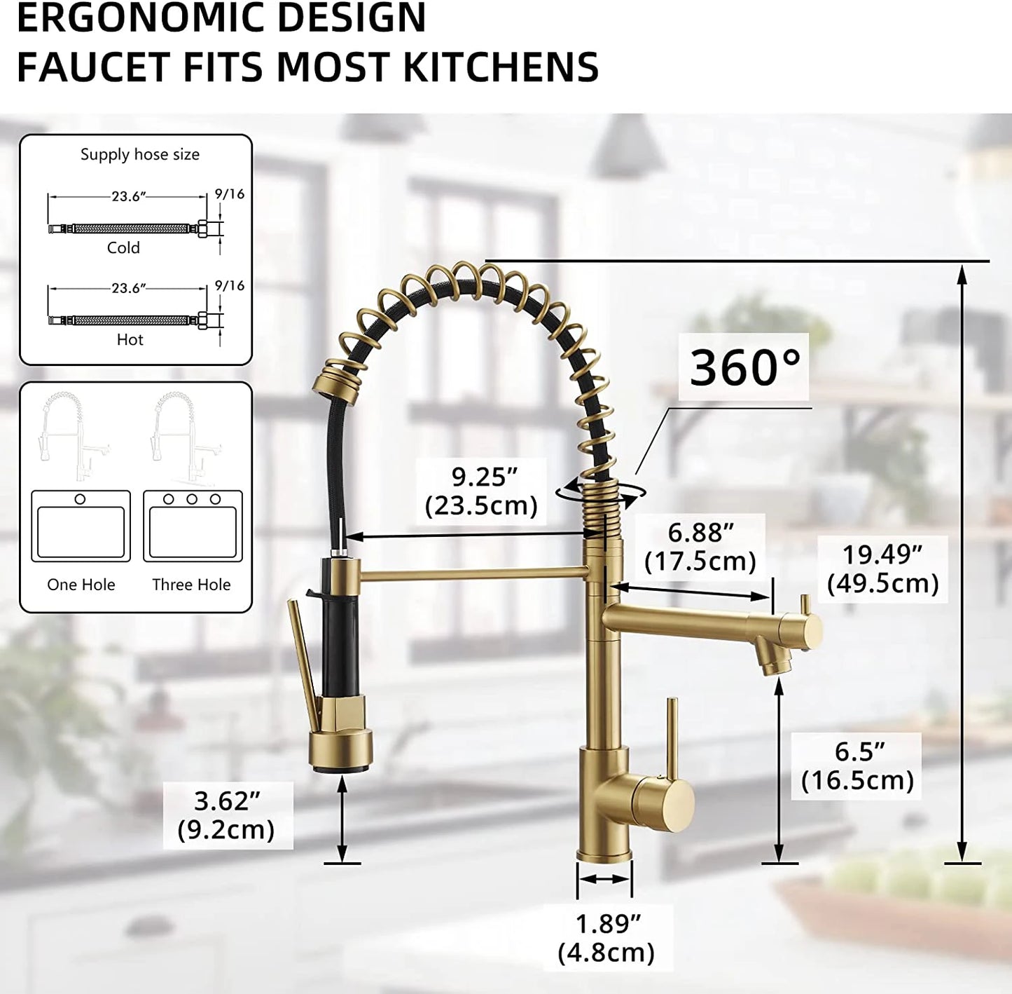 FAPULLY 360 Rotatable Single-Handle Kitchen Faucet Modern Contemporary Brass Sink Taps with Gold Ceramic Finish 2-Year Warranty