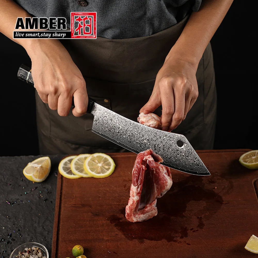 Amber Manufacturer Carbon Fiber Handle 67 Layers Vg10 Japanese Damascus Butcher Chef Kitchen Knife for Japanese