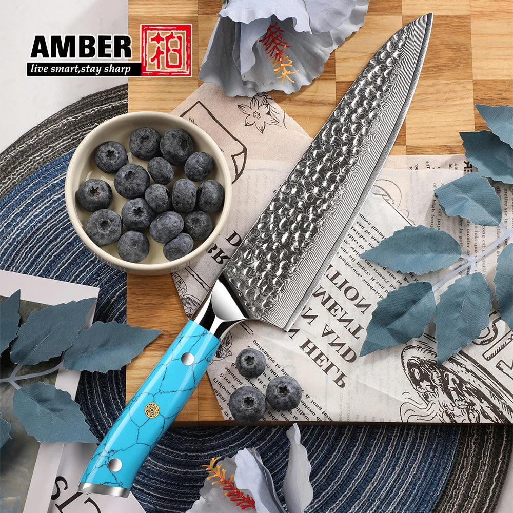 Amber Custom 8 Inch Hammered VG10 Damascus Steel Chef Knife with Blue Turquoise Stone Handle
