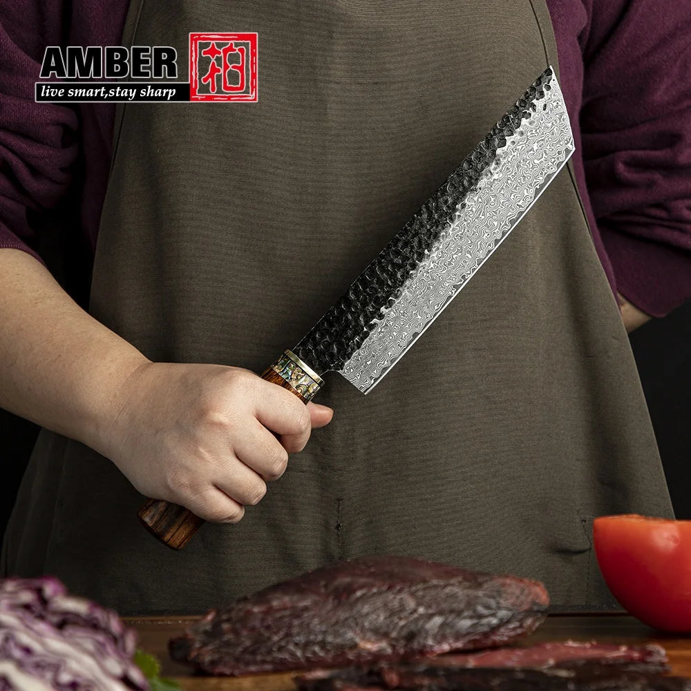 Amber Handcrafted 89 Layers Damascus Forged Blade Japanese Nakiri Knife Brass USA Desert Ironwood Handle