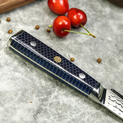 Amber 5 Inch Alligator Pattern AUS10V Damascus Steel Utility Knife with Honey Comb OliveWood Handle