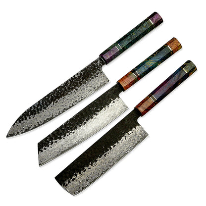3 Pcs 67 Layers Damascus Japanese VG 10 Steel Stainless Kitchen Knife Set with Stabilized Wood Handle