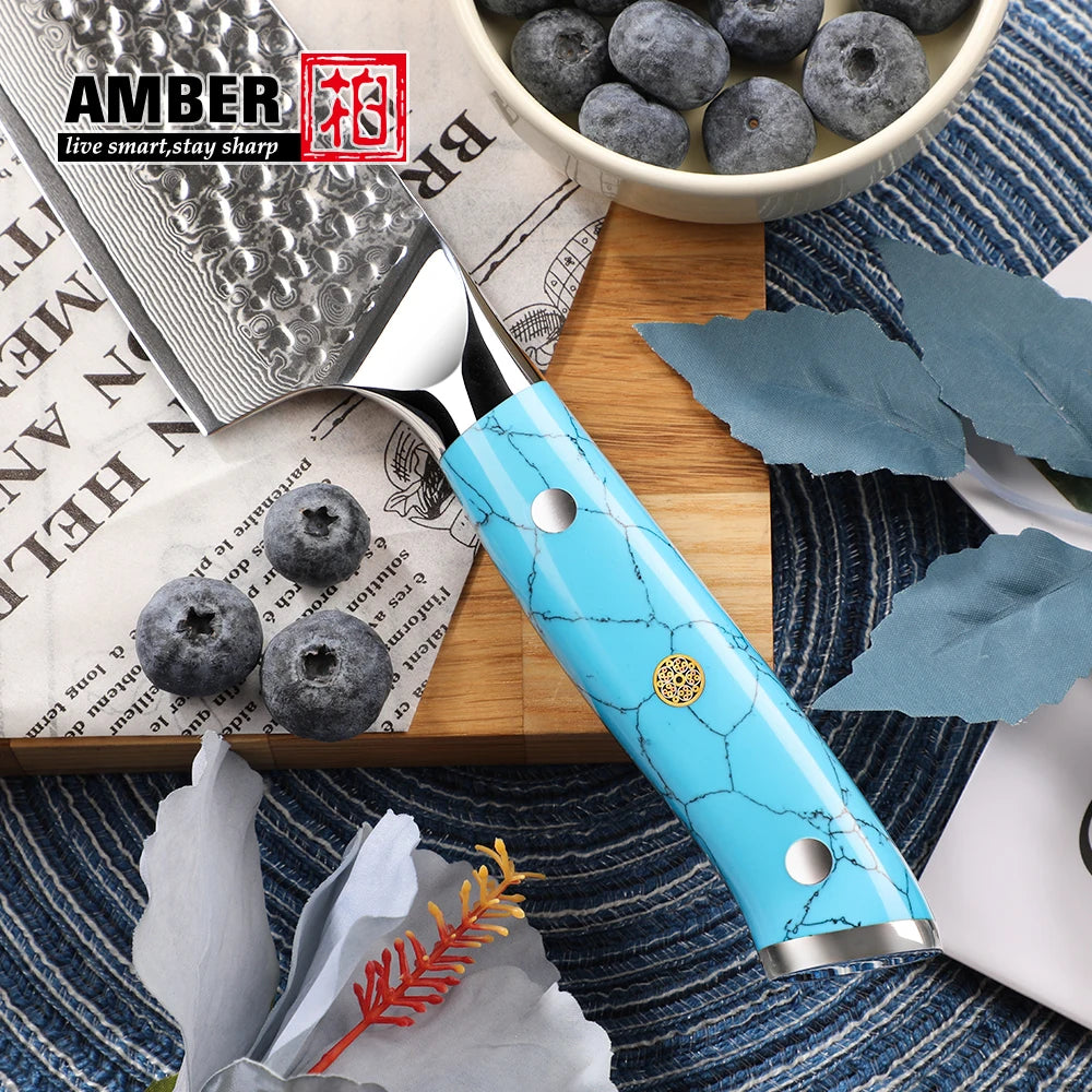 Amber Custom 8 Inch Hammered VG10 Damascus Steel Chef Knife with Blue Turquoise Stone Handle
