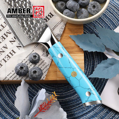 Amber Custom 8 Inch Hammered VG10 Damascus Steel Chef Knife with Blue Turquoise Stone Handle