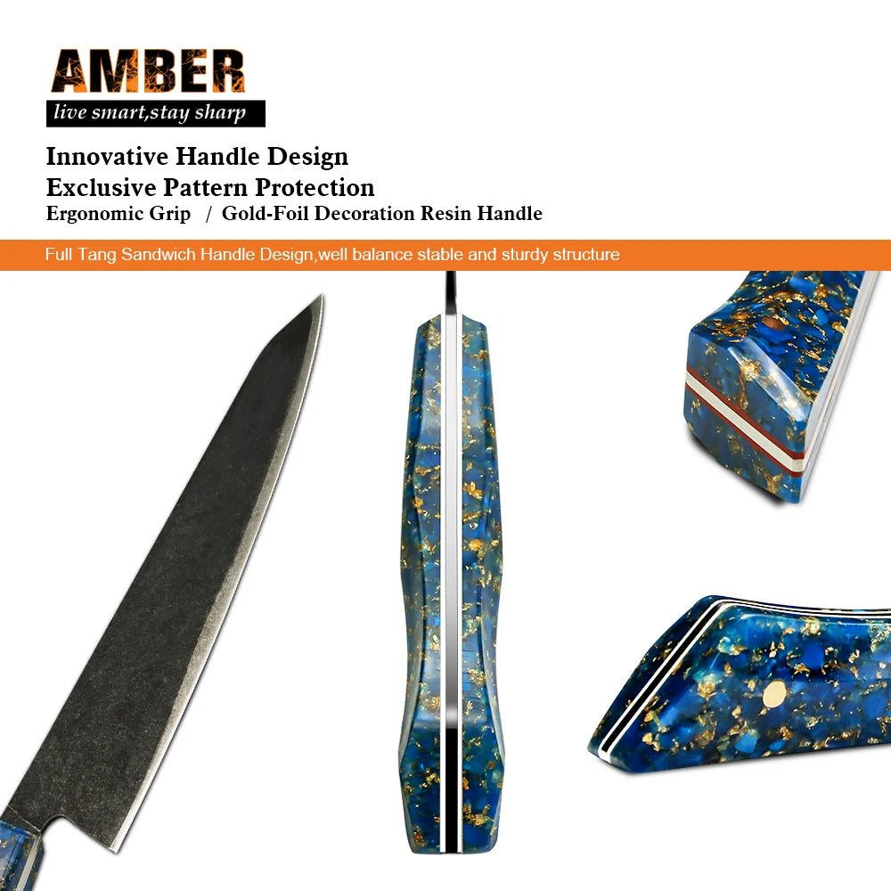 3 Pcs10Cr15MoV 7 Layer Steel Kitchen Knives Set Chef Knife with Full Tang with Resin Handle