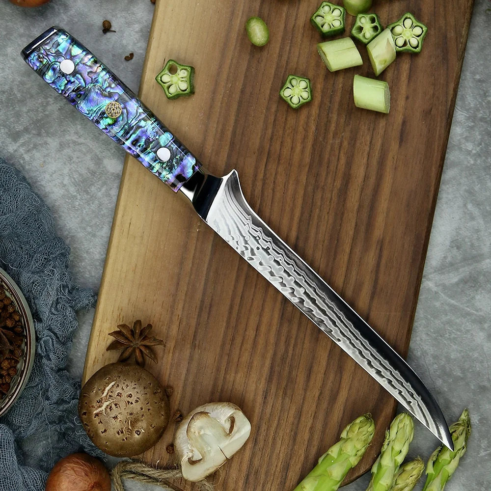 Yangjiang Amber 7 Inch Damascus 45 Layers ultra sharp Boning Fish Knife with Abalone Handle