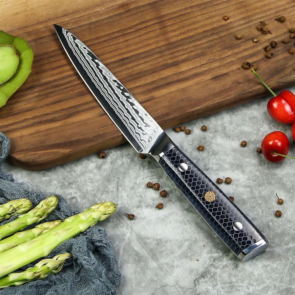 Amber 5 Inch Alligator Pattern AUS10V Damascus Steel Utility Knife with Honey Comb OliveWood Handle