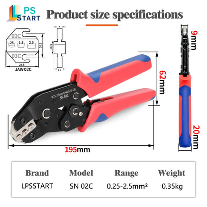 SN-02C Kit di strumenti per crimpare cavi AWG 23-13 per connettori elettrici per cavi isolati Terminali ad anello e a forcella e capicorda