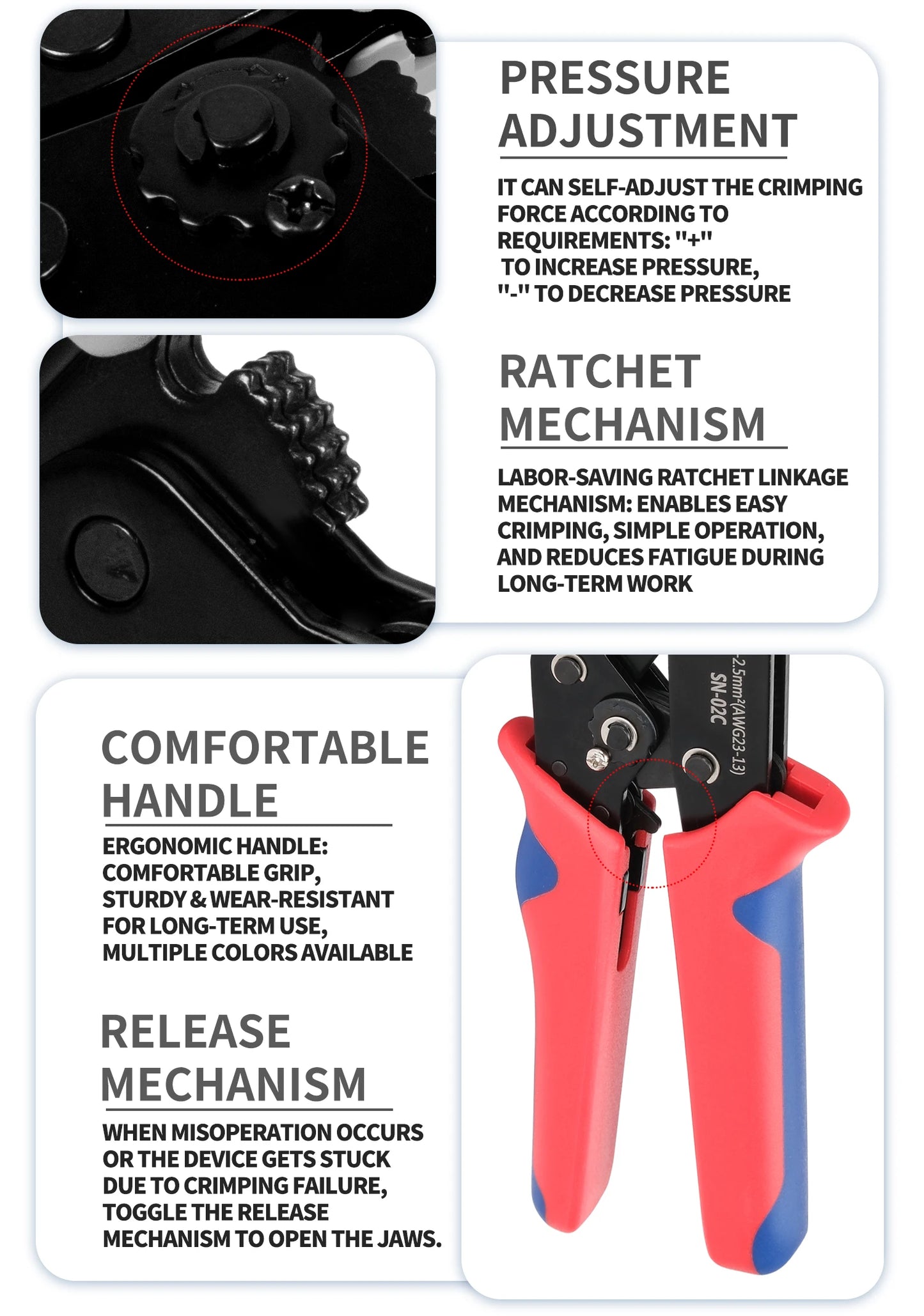 SN-02C Kit di strumenti per crimpare cavi AWG 23-13 per connettori elettrici per cavi isolati Terminali ad anello e a forcella e capicorda