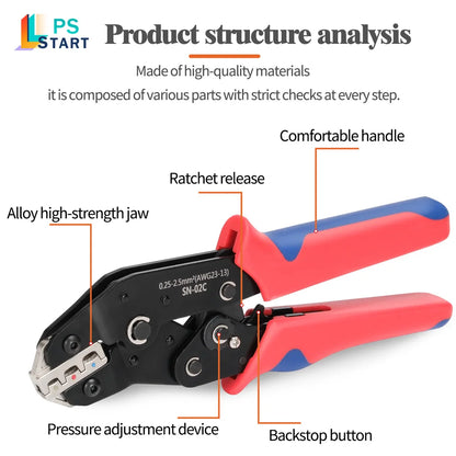 SN-02C Kit di strumenti per crimpare cavi AWG 23-13 per connettori elettrici per cavi isolati Terminali ad anello e a forcella e capicorda