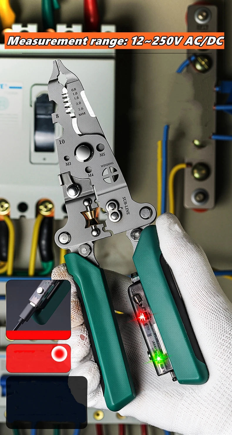 Spelafili multifunzionale con penna per test elettrico, pinza per cavi pieghevole, pinza pieghevole elettrica per il taglio