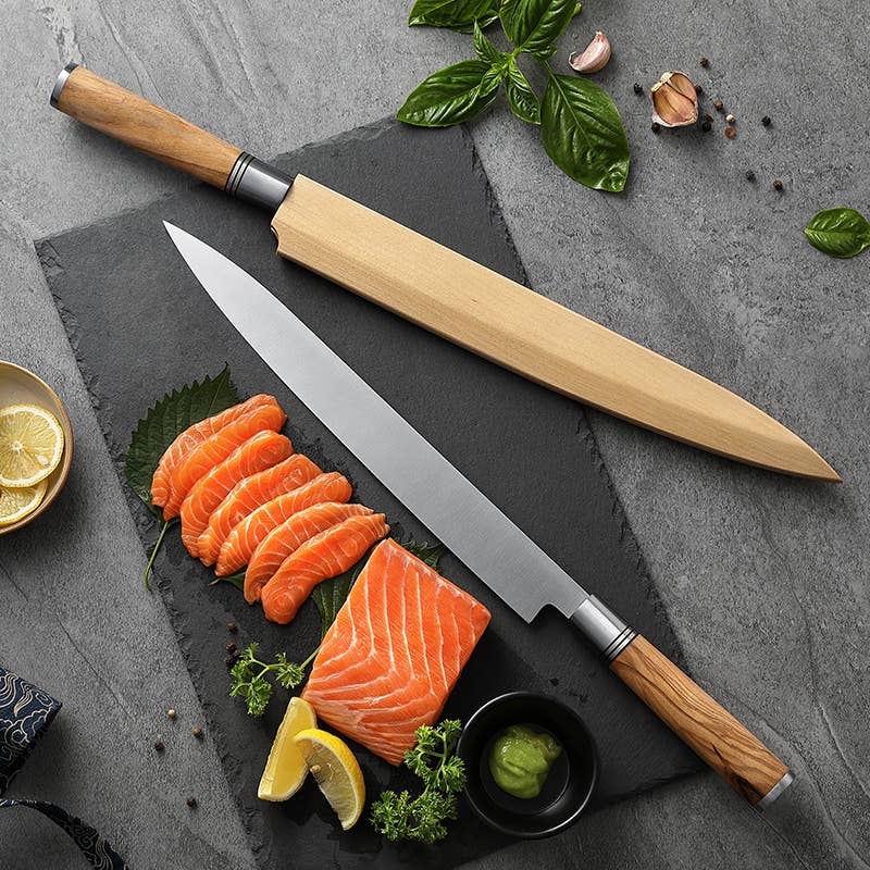 Coltello da sashimi Hezhen 300 con lama in acciaio inossidabile e fodero in legno