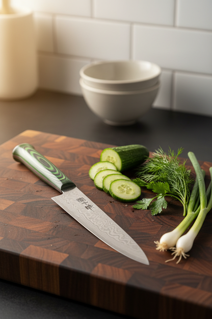 Coltello Miyazaki Kodawari su tagliere in legno scuro con verdure fresche, luce naturale